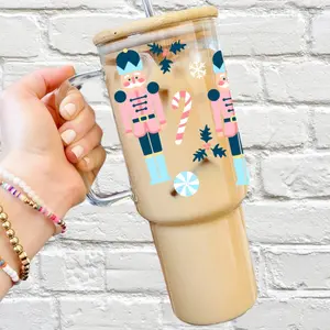 Nutcracker Glass Cup with Lid and Straw - Christmas Nutcracker Aesthetic Drinkware with Bamboo Lid, Holiday Winter Design Iced Coffee Mug