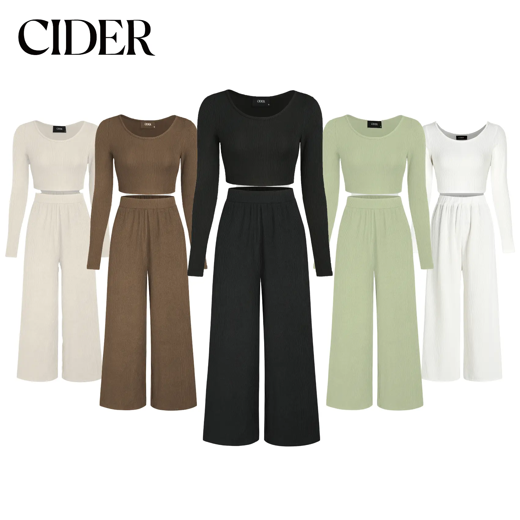 [5 colors, Size 0-26] Knitted Crop Top & Wide Leg Trousers Set