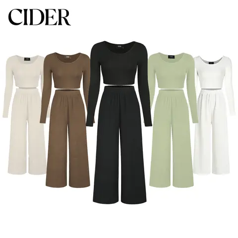 Cider Lady's Basic Comfy Longsleeves 2-Piece Knitted Set - Fitted Crop Top & Wide Leg Trousers, 5 Colors, Sizes 0-26, Casual Clothes for Women