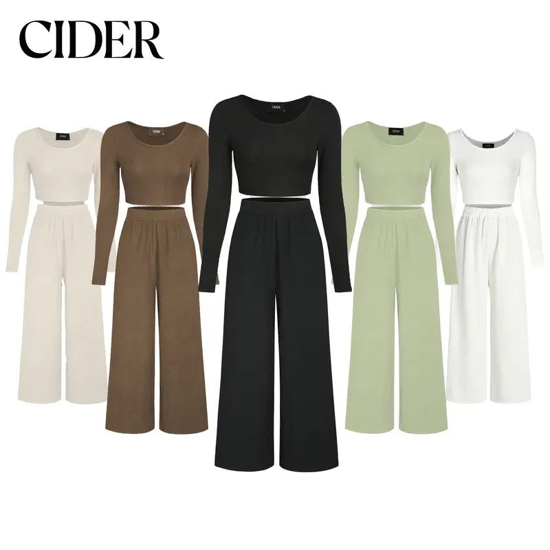 Cider Lady's Basic Comfy Longsleeves 2-Piece Knitted Set - Fitted Crop Top & Wide Leg Trousers, 5 Colors, Sizes 0-26, Casual Clothes for Women