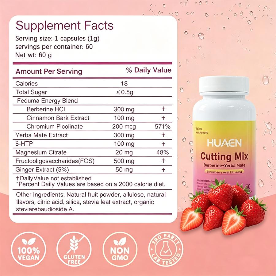 HUAEN Gluten-Free Dietary Fitness Supplement Capsules - Strawberry Acai Flavor, 60 Count, GMO-Free, with Natural Berberine, Chromium, Magnesium, Raspberry Tea Powder, Lemonade, Yerba Mate, Boosts Metabolism, Supports Fitness & Wellness Goals, for All Ages