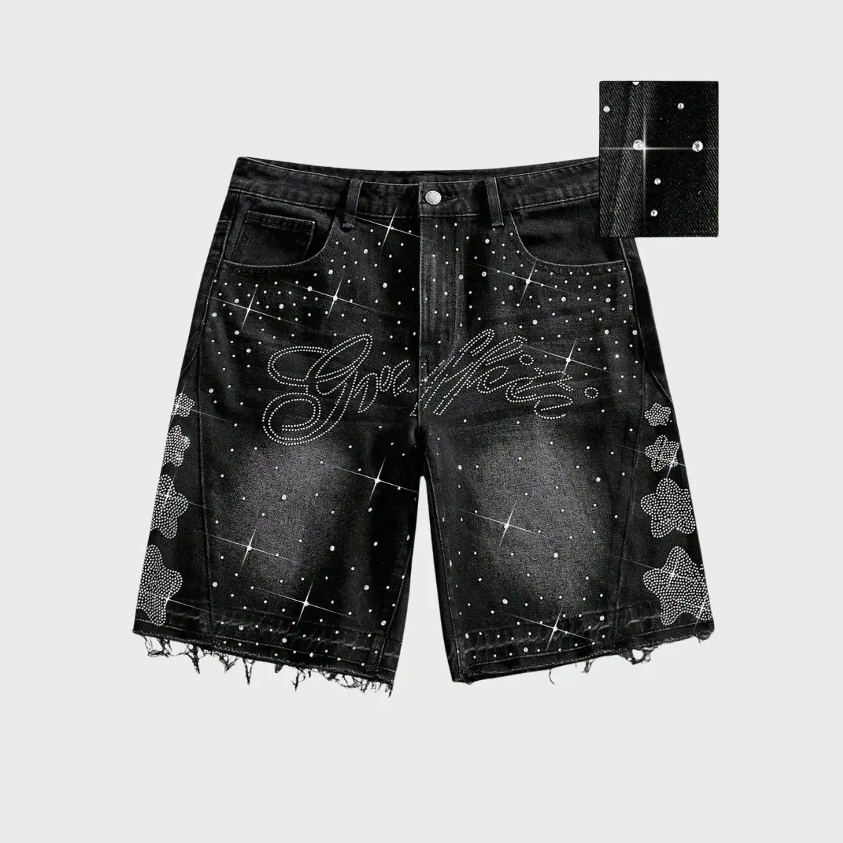 Men's Baggy Denim Shorts with Rhinestone Lettering, High-Street Straight Fit, Knee-Length with Distressed Wash and Raw Hem Black Oversize