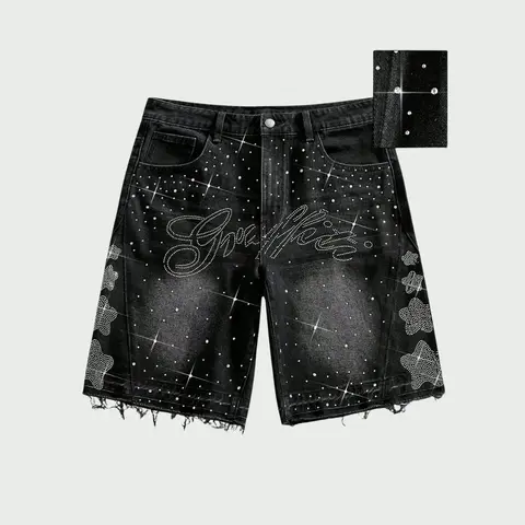 Men's Baggy Straight Fashion Cotton Denim Jean Shorts - High-Street Vibe, Retro Style, Rhinestones Lettering, Knee-Length, Distressed Wash, Raw Hem, Black Casual Streetwear Bottoms