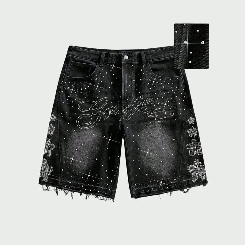 Men's Baggy Straight Fashion Cotton Denim Jean Shorts - High-Street Vibe, Retro Style, Rhinestones Lettering, Knee-Length, Distressed Wash, Raw Hem, Black Casual Streetwear Bottoms