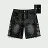 Men's Baggy Straight Fashion Cotton Denim Jean Shorts - High-Street Vibe, Retro Style, Rhinestones Lettering, Knee-Length, Distressed Wash, Raw Hem, Black Casual Streetwear Bottoms