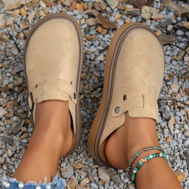 Women's Solid Color Slip-On Shoes, Casual Slip Ons, Elegant Comfortable Large Size Single Button Design, Casual Fashion Slippers for Spring & Fall, Flat Slippers