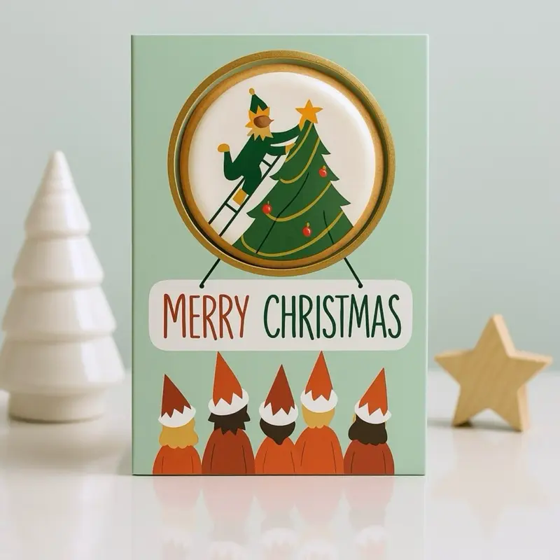 Cookie AR Edible Merry Christmas Elf Card - Standard Greeting Card with Matching Envelope Featuring Festive Elf Scene & Classic Holiday Colors