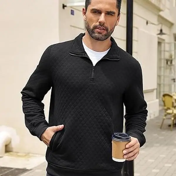 COOFANDY Mens Quarter Zip Pullover Quilted Sweatshirt Knit Long Sleeve Mock Neck Sweater Polo with Kangaroo Pocket