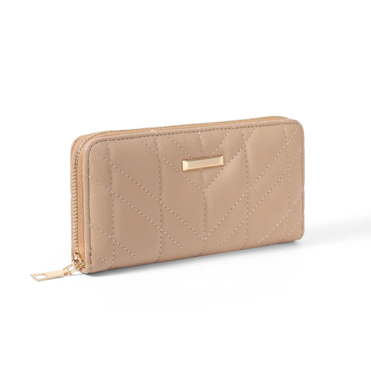 Chevron Quilted Wallet for Women, Modern Minimalist Synthetic Leather Zip-Around Clutch for Everyday Use, Casual