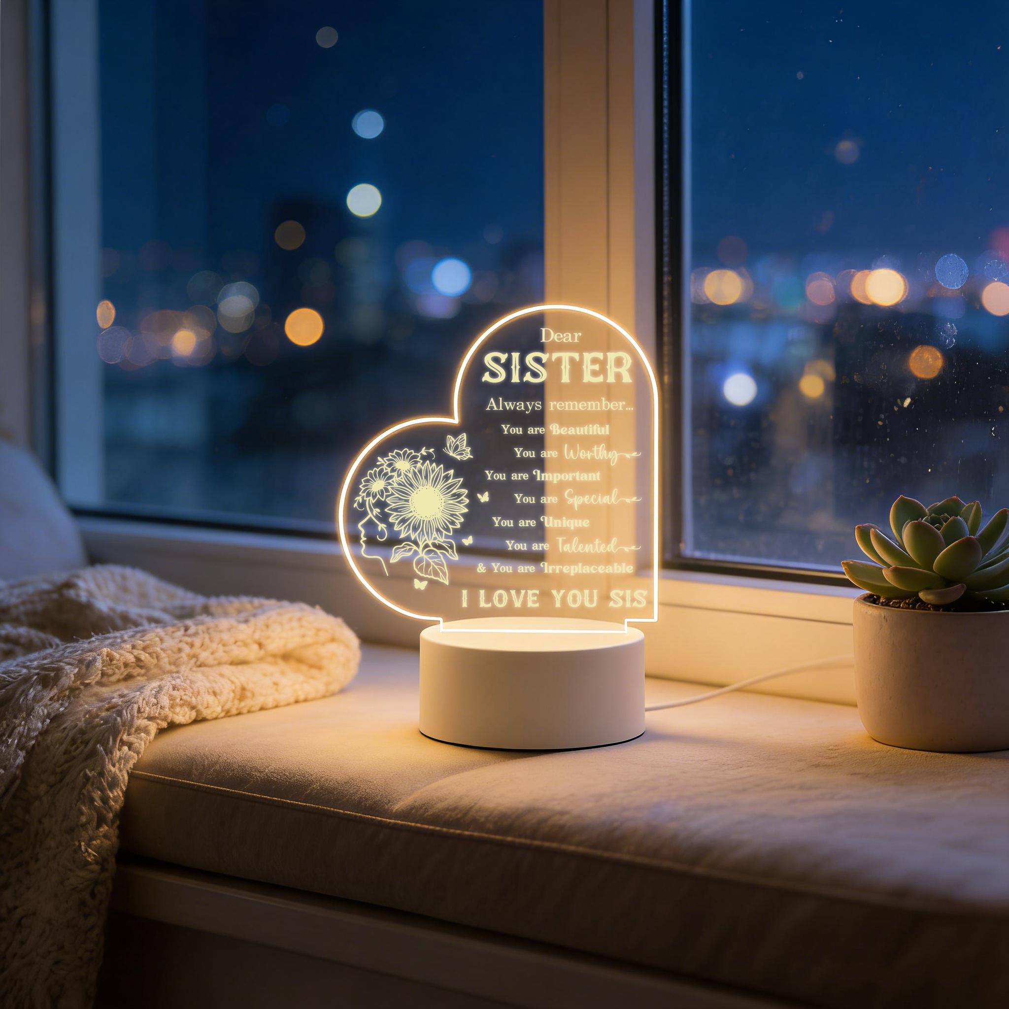 2D Heart Shaped Sister Night Light, Sunflower Decorative LED Table Lamp with Inspirational Quote, Personalized Birthday Christmas Gift for Sister, USB Powered Warm White Desk Lamp for Bedroom Living Room 2D Heart Shaped Sister Night Light, Sunflower Decorative LED Table Lamp with Inspirational Quote, Personalized Birthday Christmas Gift for Sister, USB Powered Warm White Desk Lamp for Bedroom Living Room