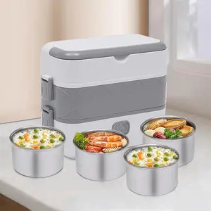 Portable Self Cooking Electric Lunch Box, Mini Rice Cooker, 2 Layers 4 Stainless Steel Steamer Food Insulation Lunch Box for Home Office Dormitory Travel Outdoor Kitchen Cook Raw Food, 2L/110V/200W Tableware