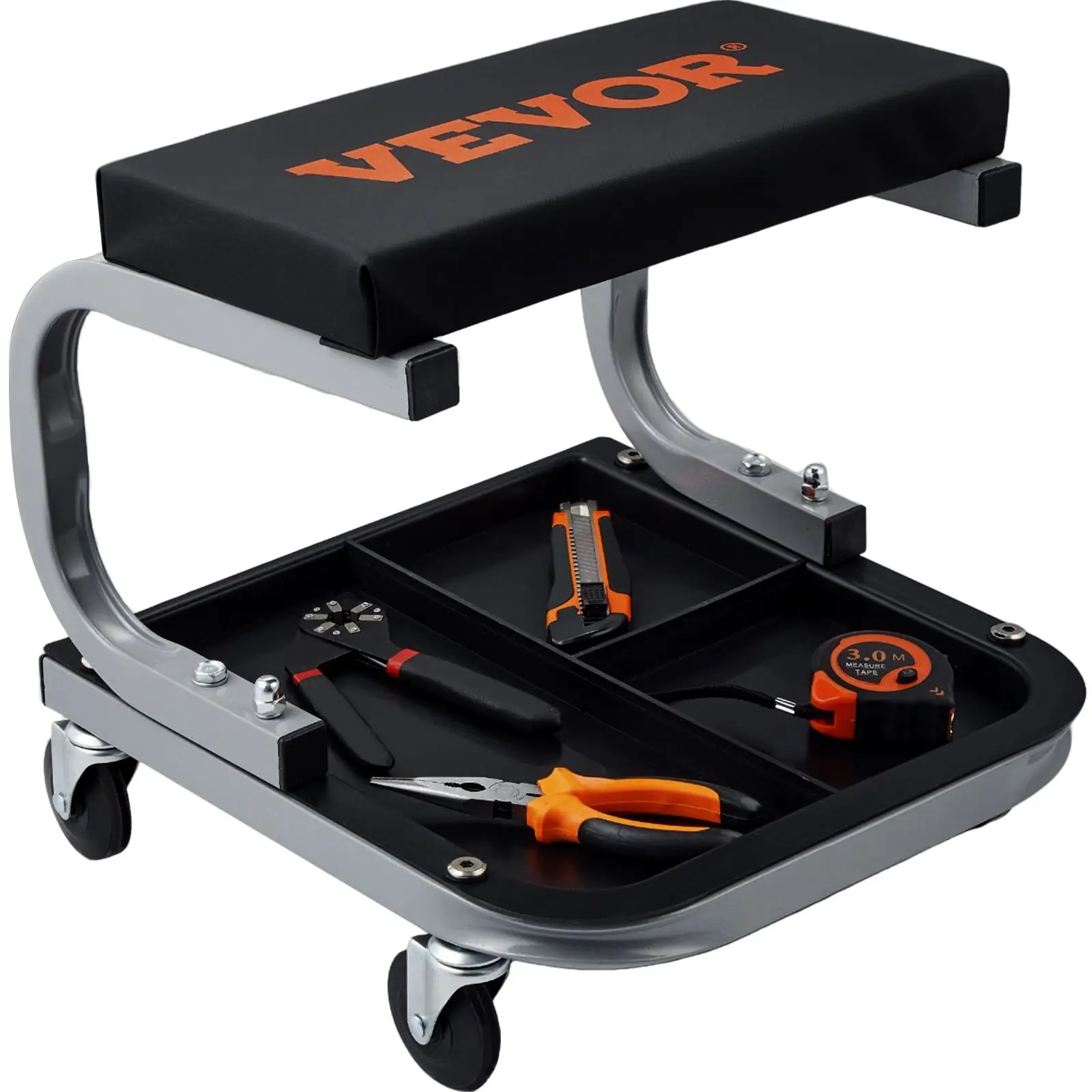 【Summerfinds】VEVOR Steel-PU Garage Rolling Creeper Seat, 250lb Load Capacity Soft & Padded PU Seat, 36x36x36 cm Black Steel Frame, Wear-Resistant Workshop Stool with Compartmentalized Tool Tray, 360° Flexible Caster Movement for Auto Repair Mechanics