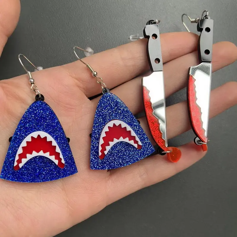 Gothic Acrylic Halloween Dangle Earrings for Women, Quirky Glitter Blue Shark Mouth Drop Earrings, Bloody Butcher Knife Mirror Statement Jewelry Gifts