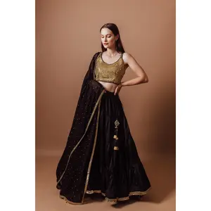 Black and Gold Lehenga Set with All over Mirror Work Blouse