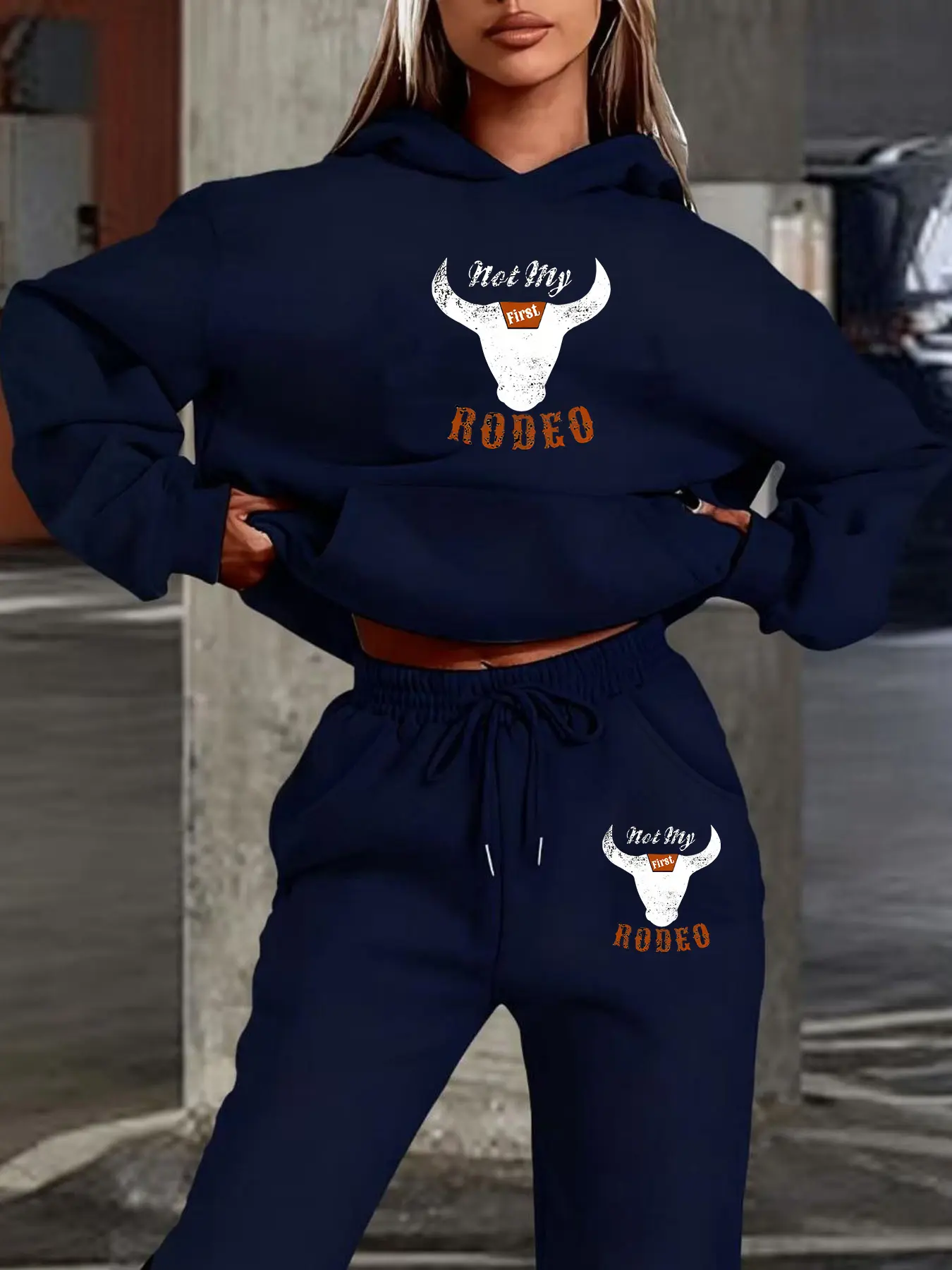 Women's Hooded Sweatshirt Long Sleeve Set, Fall & Winter Fleece Warm, Bull Head English Print, Western Retro Style, Fitted, Drawstring, Casual Daily Wear