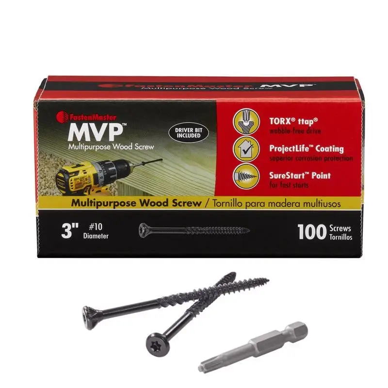 Fastenmaster 3 Inch Multipurpose Wood Screws, Self-Tapping Carbon Steel with Torx Drive, Countersink Head for Outdoor Projects, 100-Pack, Indoor, 3 Inches