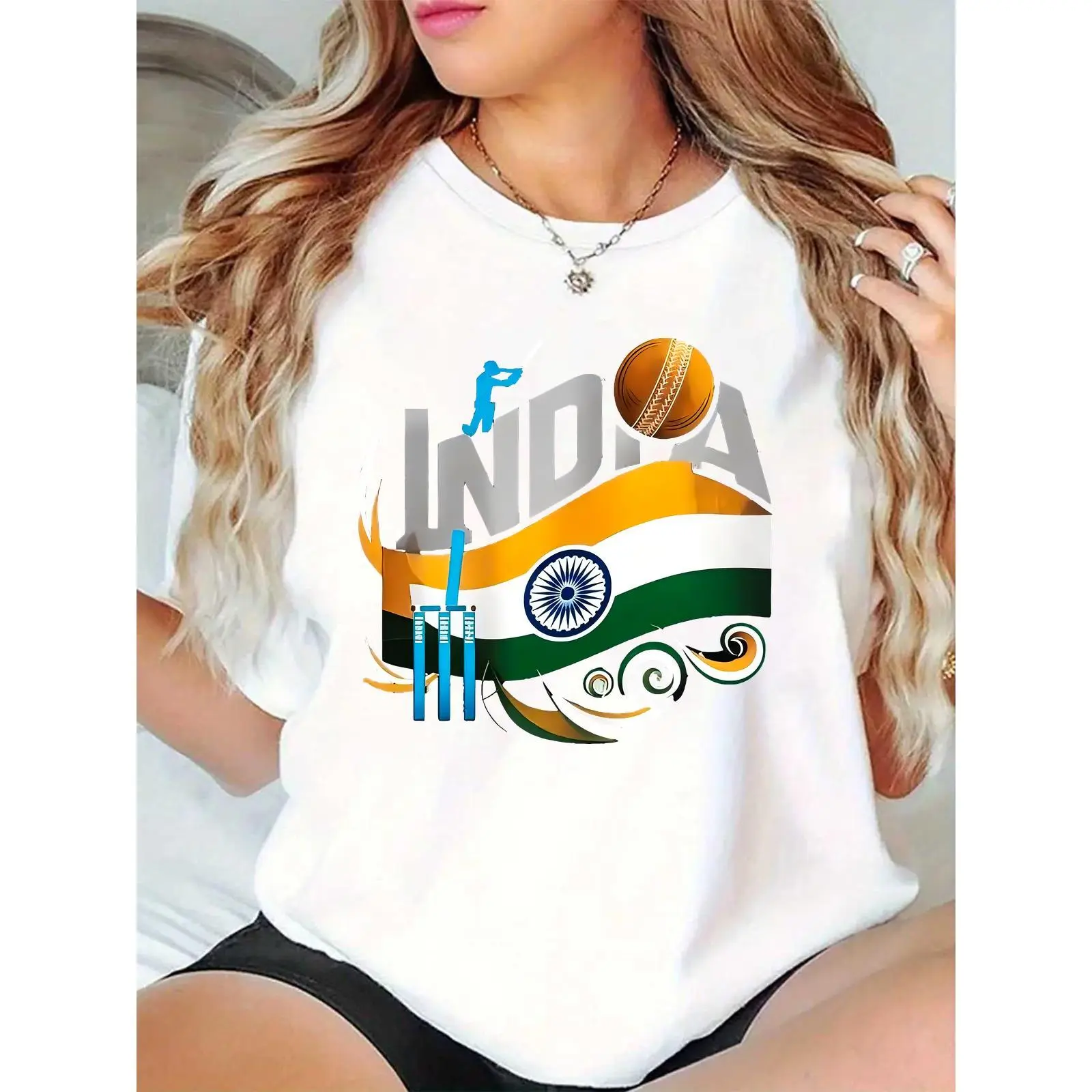 Women's India Cricket Graphic Round Neck T-Shirt - 100% Cotton, Casual Clothes, Ashoka Chakra, Flag Colors, Cricket Bat/Ball/Stumps, Lightweight, Breathable, Comfortable Fit Sports Fan Apparel for Matches, Festivals, Lady, Top, Tshirt