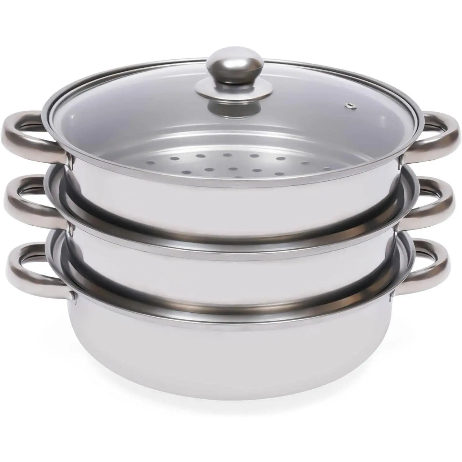 Silver 3-Layer Stainless Steel Steamer Pot with Anti-Scalding Handle, Encrypted Steam Holes & Free Combination Design – Kitchen Cookware for Steaming Tamales, Veggies, Dumplings