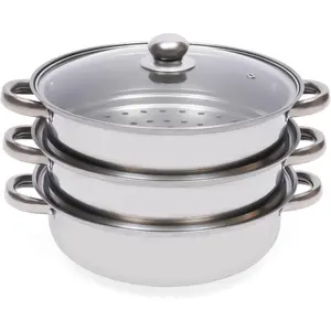 3-Tier Stainless Steel Steamer, Meat Vegetable Cooking Steam Pot Kitchen Steamer Cooker with Handle for Steaming Tamales, Veggie, Broccoli, Couscous, Pasta And Dumplings Cookware Silver