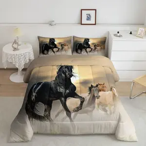 Feelyou Black Horse Microfiber Bedding Set - D Horse Printed Down Comforter, Wild Animal Pattern Quilted Duvet Insert, Western Cowboy Farmhouse Themed Decorative Bedding Set