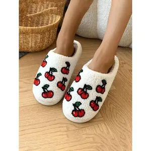 Women's Fall Winter Cherry Pattern Home Slippers, Plush Lining Non-Slip Indoor Cotton Shoes, Cute Cartoon Design, Fabric Upper, Rubber Sole