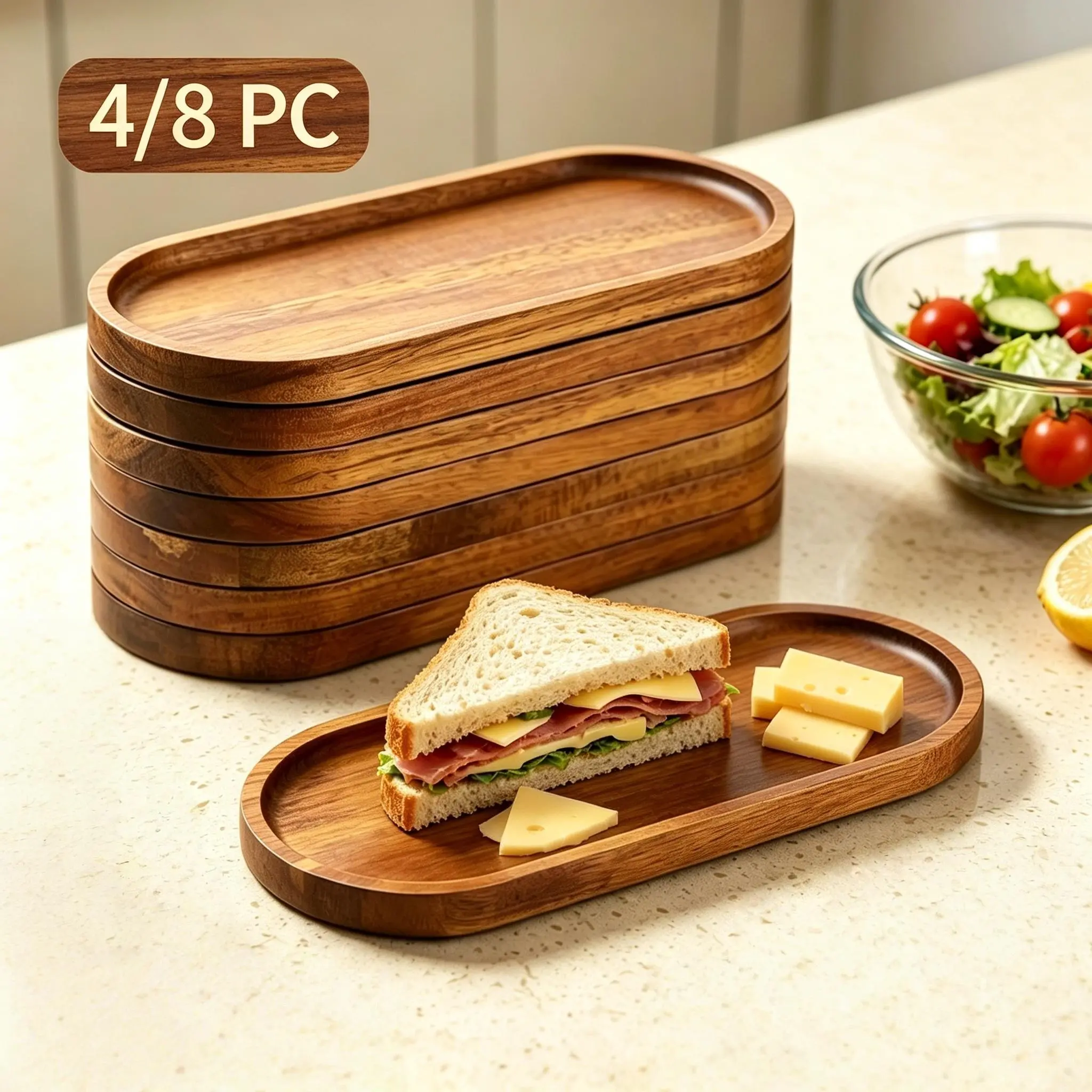 Set of 4/8 wooden serving trays—oval wooden plates, cheese boards, and appetizer platters for cold dishes, desserts, snacks, bread, and fruit; suitable for kitchen decor and ideal for parties, buffets, barbecues, and other occasions.