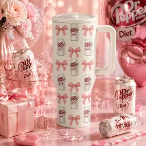 1 Pc 40oz Insulated Tumbler, Leak-Proof, Double Wall, Dr Pepper Diet Design, Pink Bow & Soda Can Pattern, Fun & Playful, Perfect for Hot & Cold Drinks, 12 Hours Hot, 24 Hours Cold, Ideal Gift for Soda Lovers, Perfect for Cozy Moments and Parties