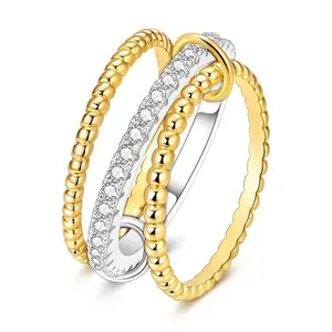MULA 925 Silver-plated Two-Tone Cross Ring – 14K gold-plated beaded triple ring set with cubic zirconia, wide and stackable X-shaped ring, the perfect gift for girls and women.