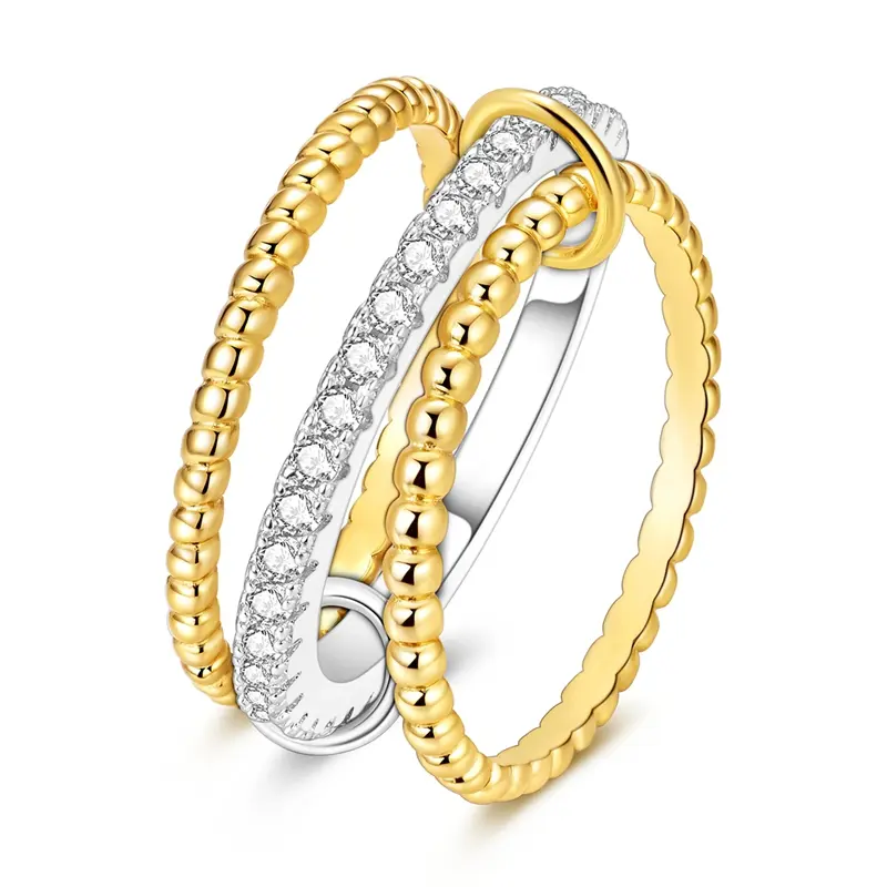 MULA 925 Silver-plated Two-Tone Cross Ring – 14K gold-plated beaded triple ring set with cubic zirconia, wide and stackable X-shaped ring, the perfect gift for girls and women., Statement Rings