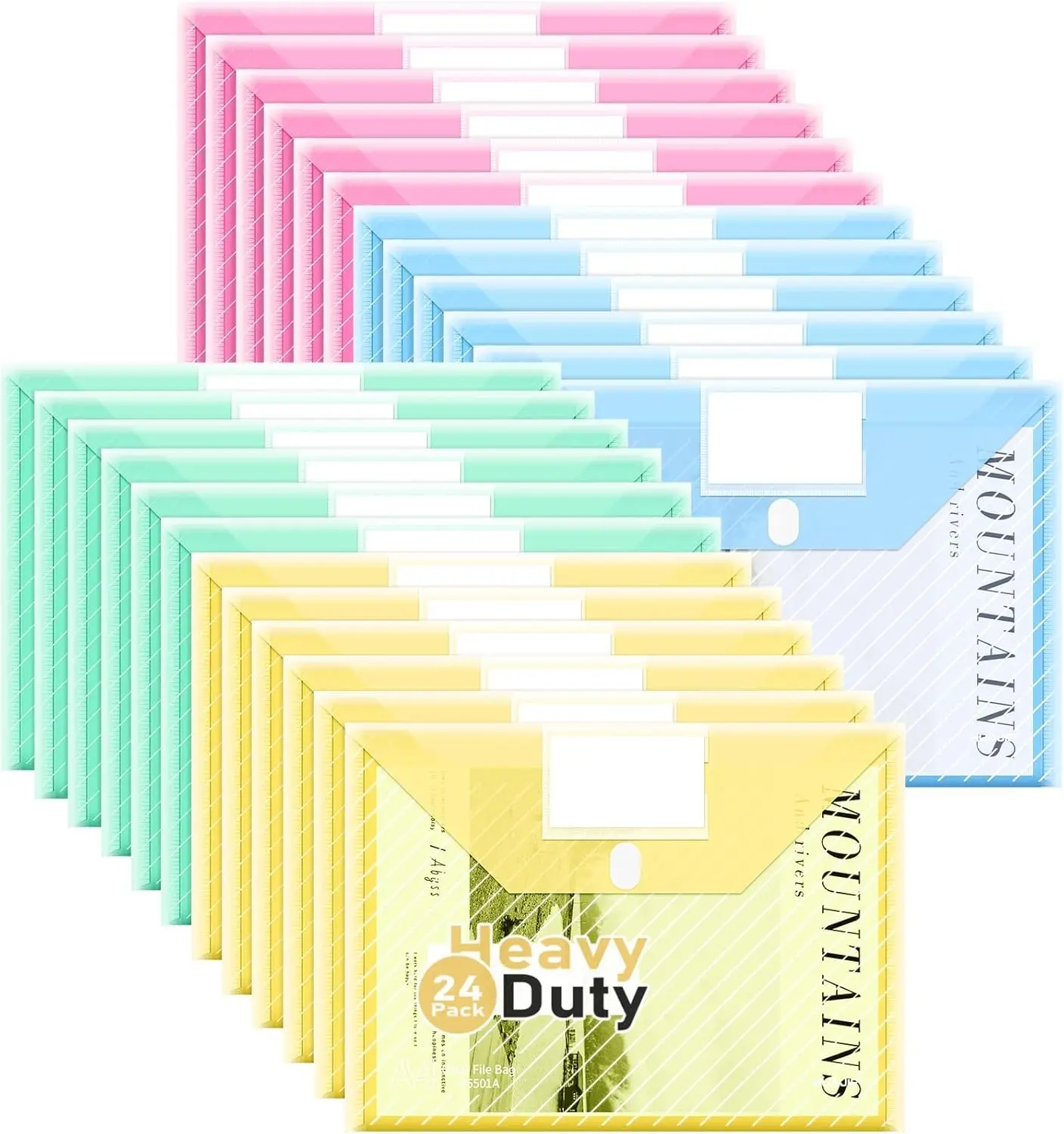 24 Pack, Plastic Envelopes File Folders, HeavyDuty Document Folder for Letter and A4 Size, Clear Document Holder with Label Pockets for School Home Work Office Organizer (24)
