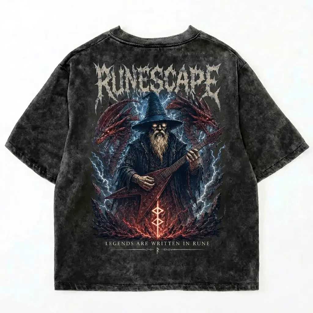 RuneScape Acid Wash Graphic Tee, Vintage Fantasy Gamer T Shirt, Oversized Washed Black Streetwear, Wizard Guitar Graphic Shirt, Retro MMORPG Inspired Tee, Y2K Dark Fantasy Clothing, Old School RuneScape Gift for Gamers Unisex