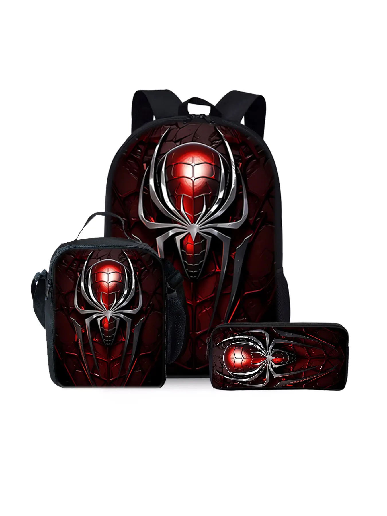 Spider pattern printed 17-inch backpack three-piece set (single-layer backpack + shoulder strap lunch bag + single-layer pencil case) Backpack Combo