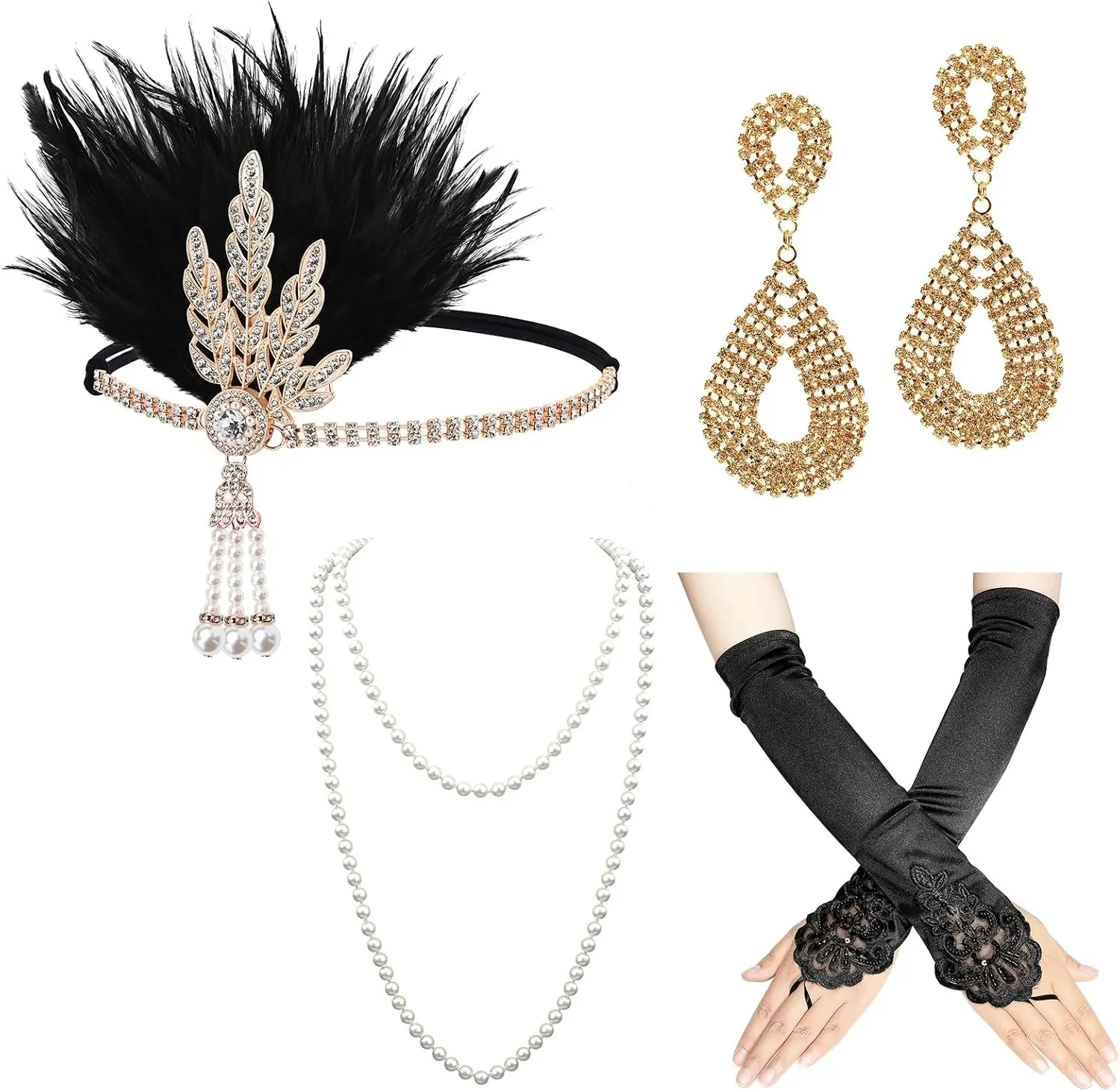 Women 1920s Flapper Set with Headband Beaded Necklaces Earrings Gloves for Vintage Wedding Costume Accessories