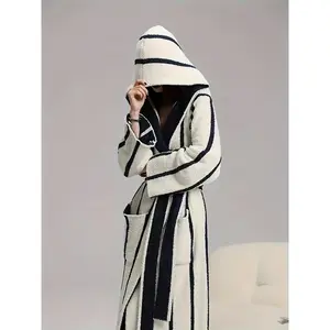 Women's Plush Fleece Hooded Robe - Winter Warm Double-Sided Thickened Bathrobe with Hood, Red & White Striped Full-Length Kimono, High Elasticity Machine Washable Pajamas for & s (Bohemian Style)