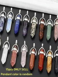 15 Piece Mixed Gemstone Bullet Shape & Hexagon Wheel Crystal Pendants, DIY Necklace, Handmade Jewelry Making Materials, DIY Craft Accessories