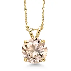 Gem Stone King 14K Yellow Gold Peach Morganite Pendant Necklace for Women | 1.70 Cttw | Gemstone October Birthstone | Round 8MM | With 18 Inch Chain