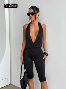 Women's Simple Slim Fit Sexy V-Neck Jumpsuit, Stylish One-Piece for Casual Wear, Comfortable and Trendy Fashion Choice, Street Fashion Jumpsuit, Stretchy Tight Jumpsuit