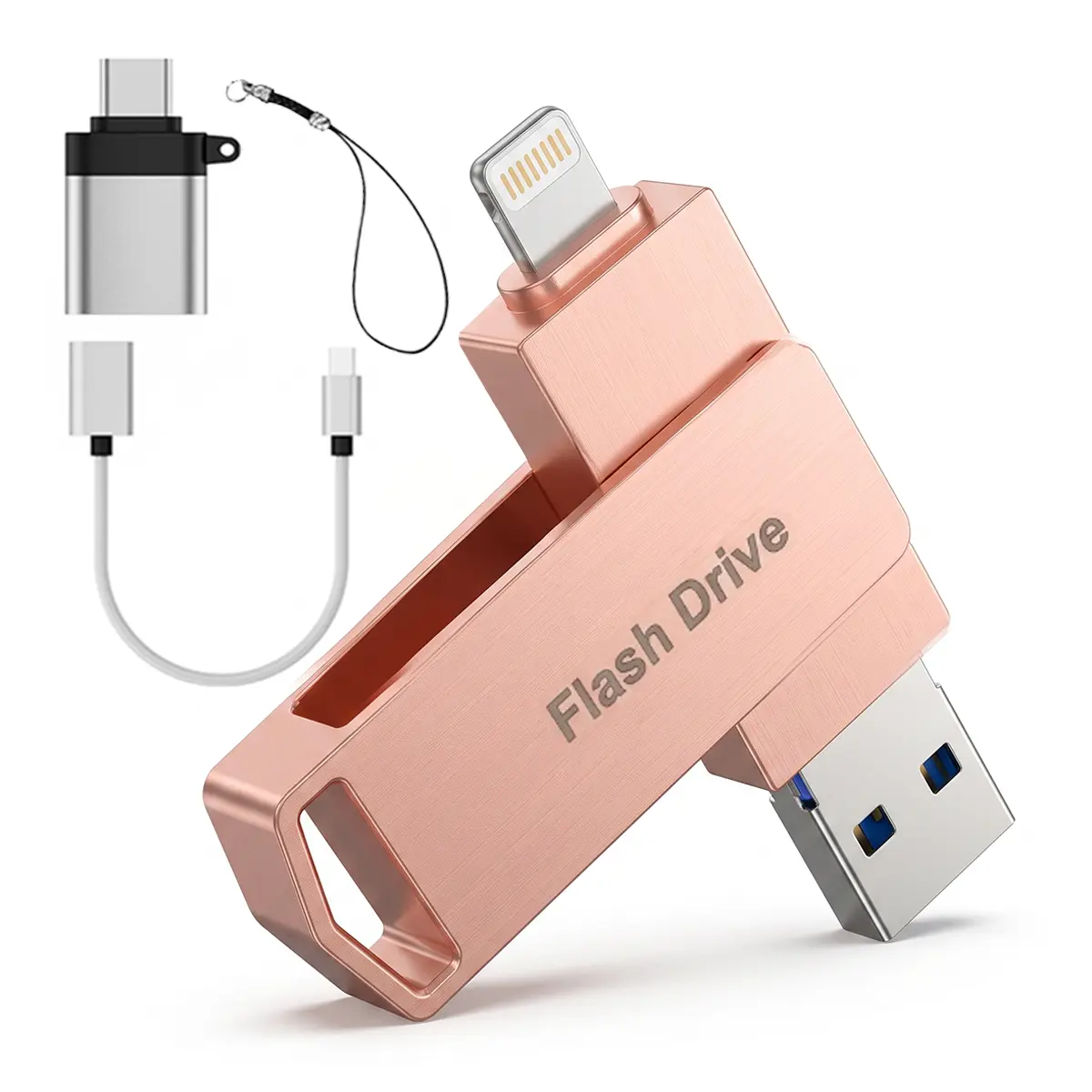512GB MFi Certified 4-in-1 Metal OTG Flash Drive, No App Plug & Play Photo Stick with Free Type-C Adapter, High-Speed Dual-Port Thumb Drive File Storage, Multi-Device Compatible with iPhone, Android, Mac, Smart TV, Tablets, PC