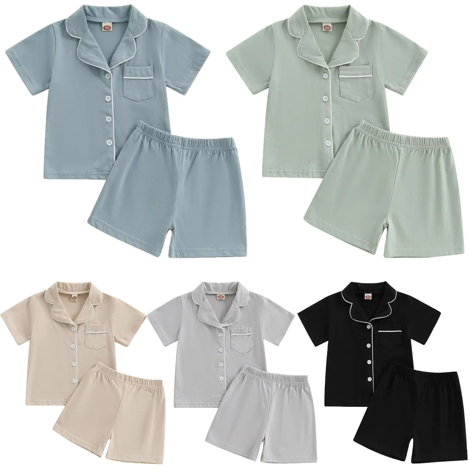 Kids Baby Boy Summer Cotton Pajamas Set Short Sleeve Button-down Shirt with Shorts Sleepwear Loungewear for Girls Boys