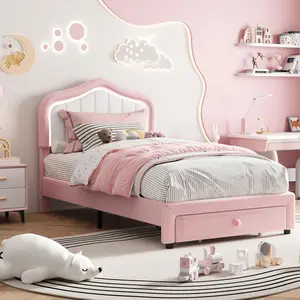 Garvee Twin Upholstered Platform Bed Frame with Storage Drawer and Smart LED Headboard, Velvet or Upholstered Design, Wooden Slat Support, Noise-Free, No Box Spring Needed, Easy Assembly, Available in Pink and Blue