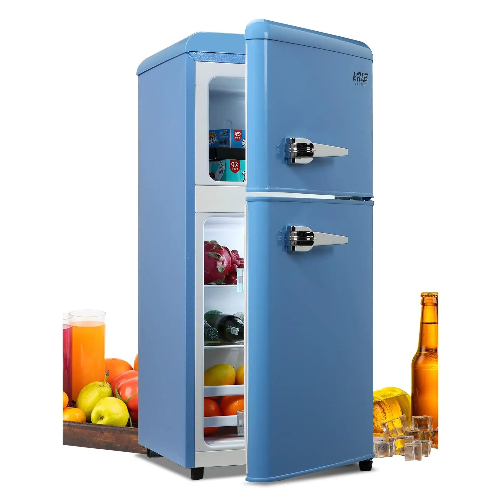 KRIB BLING 3.5 Cu.ft Double Door Fridge with Top Freezer, Retro Compact Blue Refrigerator for Household Use