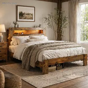 Queen Size Farmhouse Wooden Bed Frame - Rustic Brown, with Storage Headboard, Bookshelf, LED Lighting and Sturdy Wooden Slats, Indoor Furniture