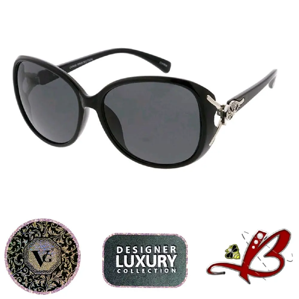 VG Fox Designer Luxury Eyewear Collection Large Frame Ladies Sunglasses with Fox Head Rhinestone Accent