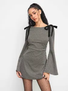 Cider Cotton-blend Boat Neck Gingham Bowknot Ruched Mini Dress Cider Cotton-blend Boat Neck Gingham Bowknot Ruched Mini Dress