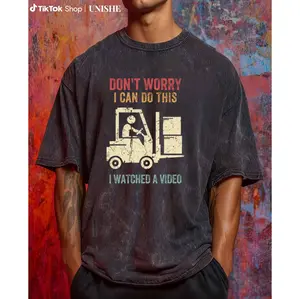 Casual Washed Black Crew Neck Tee – Forklift Driver Humor Print, 100% Cotton