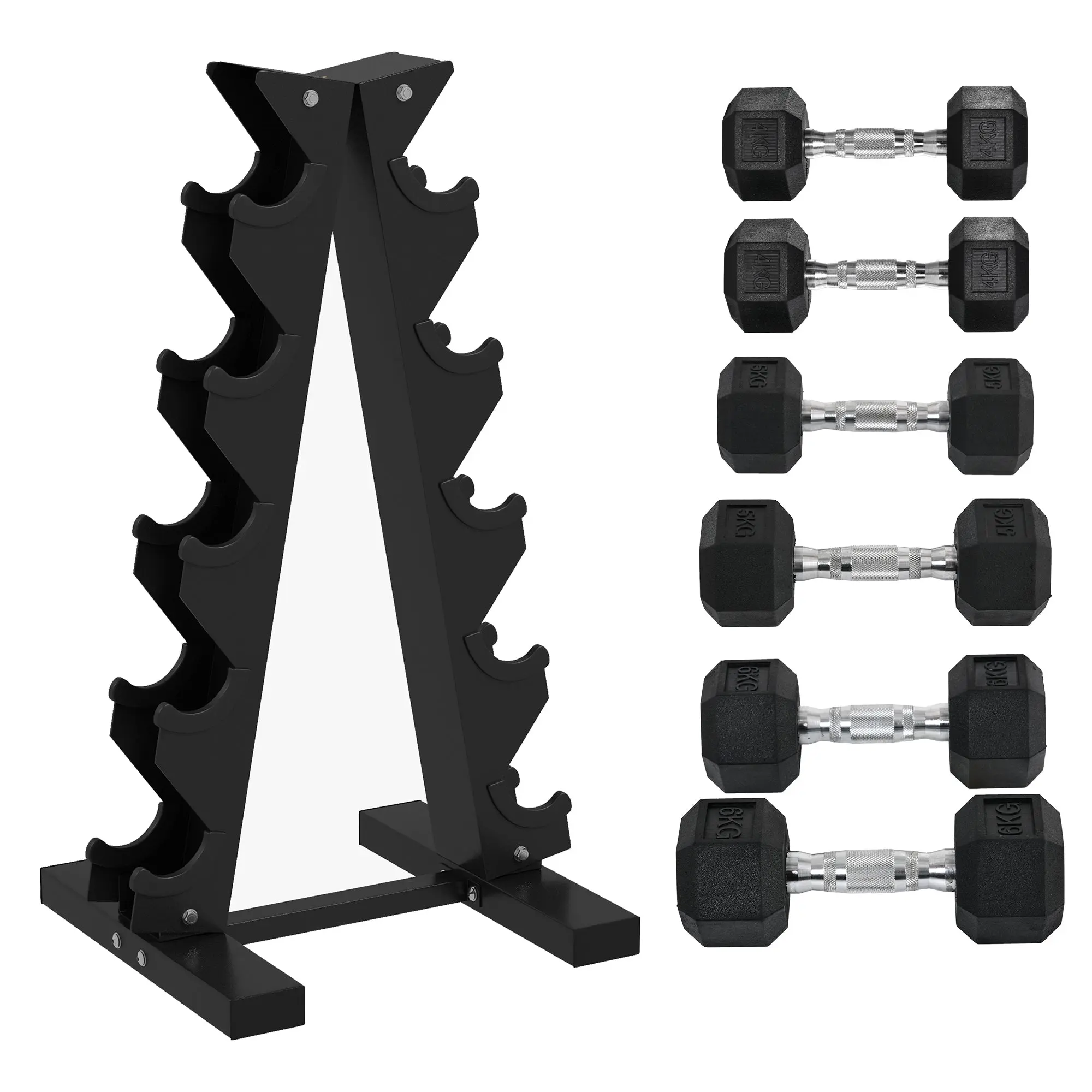 5-Tier Dumbbell Rack With 6 Hexagonal Rubber Dumbbells 2x4kg, 2x5kg, 2x6kg, Dumbbell Storage Stand Holder With Weights Sets For Home Gym Fitness, Black