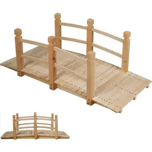 5FT Natural Wood Garden Bridge with Guardrails, Outdoor Wooden Pond Bridge for Garden Backyard Decoration