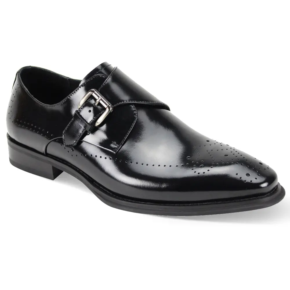 Black Medallion Toe Single Monk Strap Leather Dress Shoes
