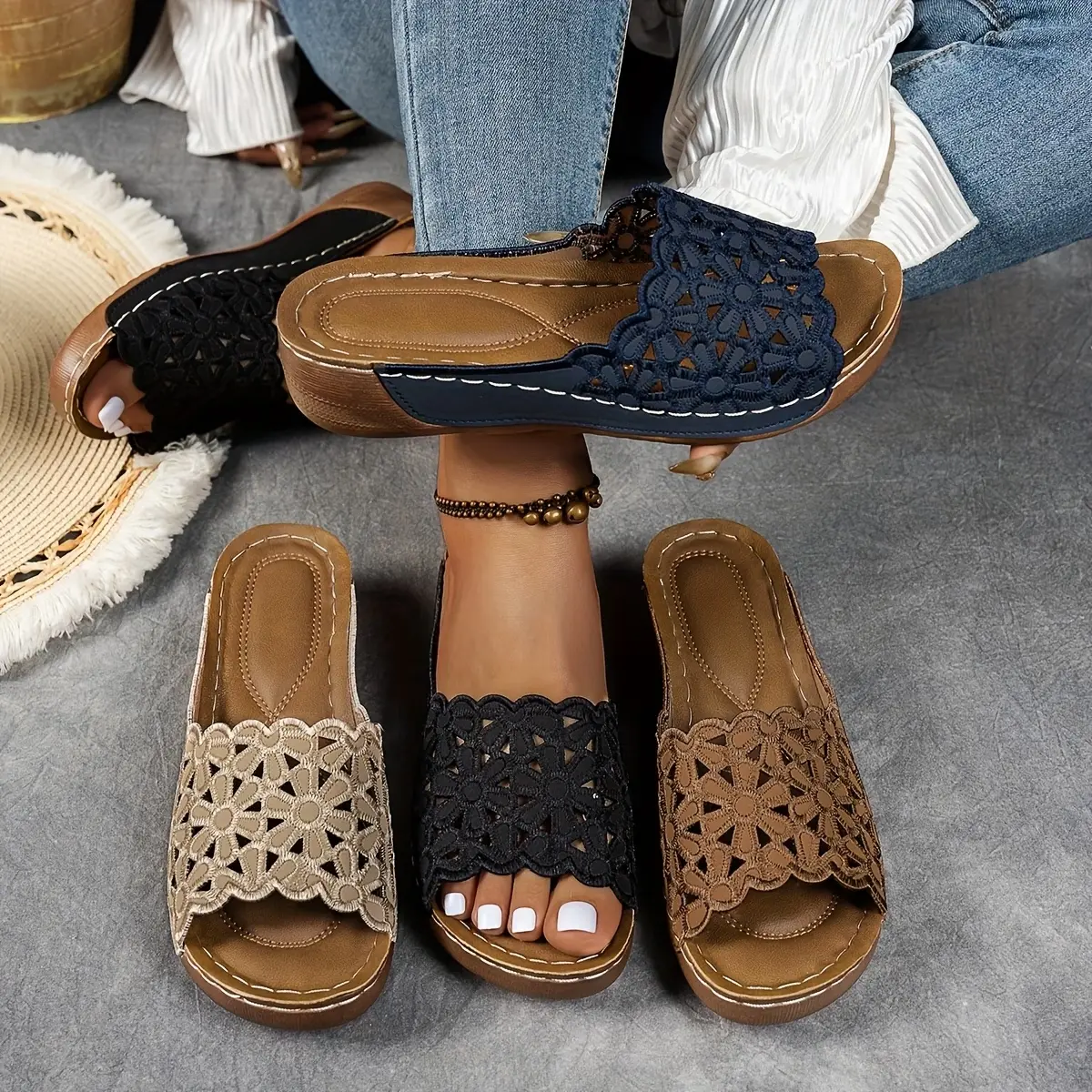 Women's Embroidered Floral Cutout Wedge Sandals - Elegant Lightweight Slip-On Slides for All-Day Comfort, Anti-Slip Waterproof Women's Platforms & Wedge Sandals, Women Sandals