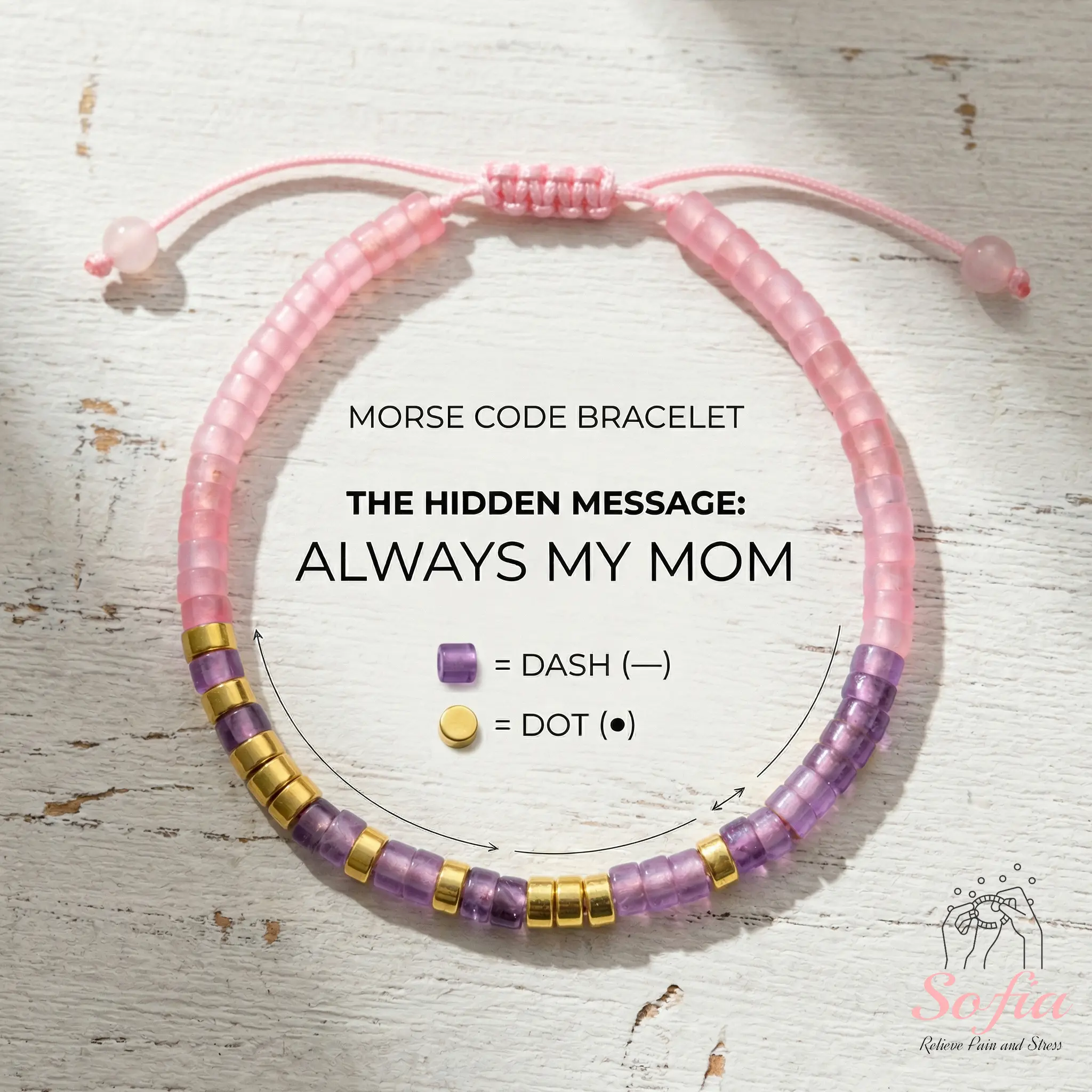 Morse Code Bracelet - Rose Quartz Amethyst Bracelet - Always My Mom Bracelets - Minimalist Boho Style Jewelry Mother's Day Gift